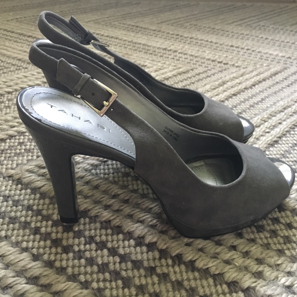 Tahari Gray Suede Peeptoe Slingback Pumps